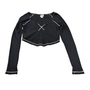 BDG Cropped Waffle Knit Top Women M Black Long Sleeve Y2K Thermal Layer Gorpcore